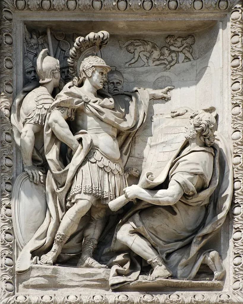 Relief sculpture depicting Agrippa approving the plans for the Aqua Virgo aqueduct, located on the Trevi Fountain in Rome