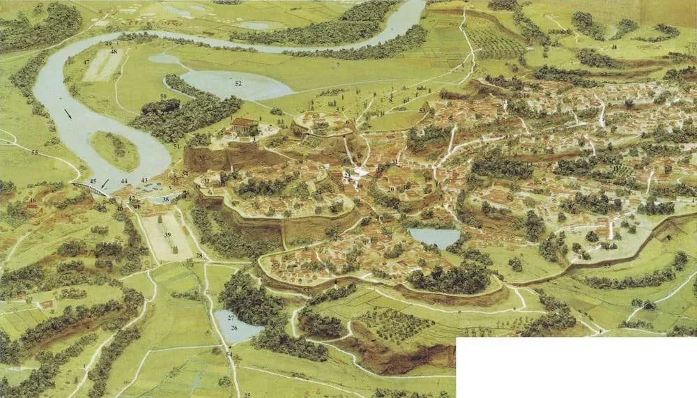 Historical illustration depicting the city of Rome as it appeared in the 8th century, showing key landmarks and the Tiber River