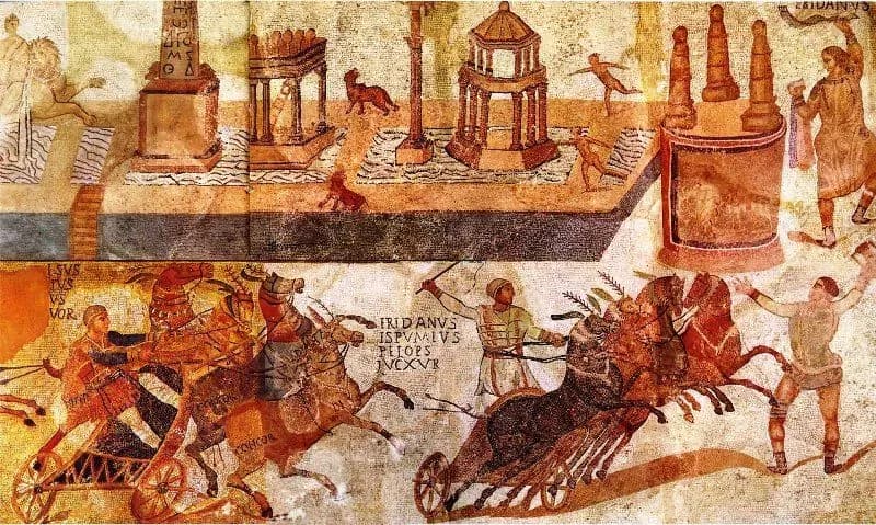 Chariot Racing depicted on a Roman Mosaic discovered in Spain